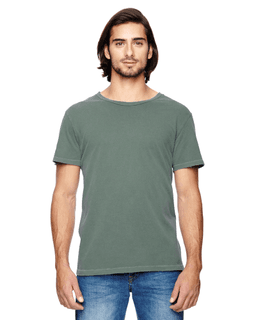 Sample of Alternative 04850C1 Men's Heritage Garment-Dyed Distressed T-Shirt in GREEN PIGMENT from side front