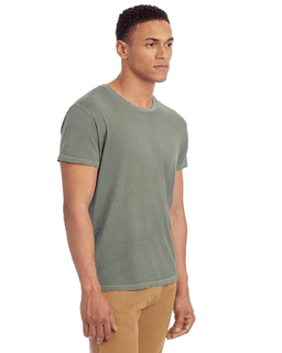 Sample of Alternative 04850C1 Men's Heritage Garment-Dyed Distressed T-Shirt in GREEN PIGMENT from side sleeveleft