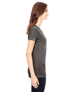 Sample of Alternative 04860C1 Ladies' Vintage Garment-Dyed Distressed T-Shirt in SMOKE from side sleeveleft