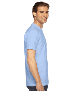 Sample of American Apparel 2001 Unisex Fine Jersey USA Made T-Shirt in BABY BLUE from side sleeveleft