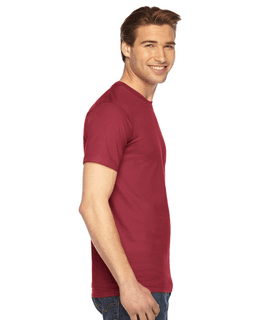 Sample of American Apparel 2001 Unisex Fine Jersey USA Made T-Shirt in CRANBERRY from side sleeveleft