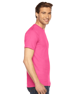 Sample of American Apparel 2001 Unisex Fine Jersey USA Made T-Shirt in FUCHSIA from side sleeveleft