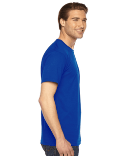 Sample of American Apparel 2001 Unisex Fine Jersey USA Made T-Shirt in ROYAL BLUE from side sleeveleft