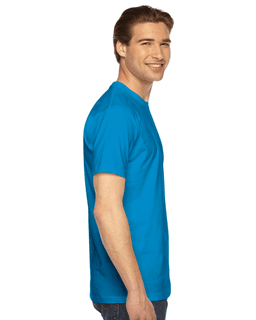 Sample of American Apparel 2001 Unisex Fine Jersey USA Made T-Shirt in TEAL from side sleeveleft