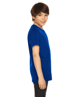 Sample of American Apparel 2201 Youth Fine Jersey USA Made Short-Sleeve T-Shirt in LAPIS from side sleeveleft