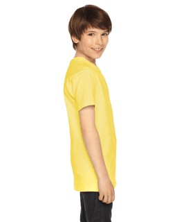 Sample of American Apparel 2201 Youth Fine Jersey USA Made Short-Sleeve T-Shirt in LEMON from side sleeveleft