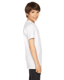 Sample of American Apparel 2201 Youth Fine Jersey USA Made Short-Sleeve T-Shirt in WHITE from side sleeveleft