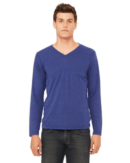 Sample of Canvas 3425 - Unisex Jersey Long-Sleeve V-Neck T-Shirt in NAVY TRIBLEND from side front