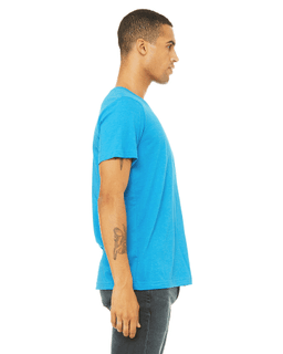 Sample of Canvas 3650 - Unisex Poly-Cotton Short-Sleeve T-Shirt in NEON BLUE from side sleeveleft