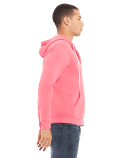 Sample of Unisex Poly-Cotton Sponge Fleece Full-Zip Hooded Sweatshirt in NEON PINK from side sleeveleft