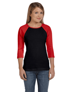 Sample of Bella B2000 - Ladies' Baby Rib 3/4-Sleeve Contrast Raglan T-Shirt in BLACK RED from side front