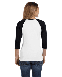 Sample of Bella B2000 - Ladies' Baby Rib 3/4-Sleeve Contrast Raglan T-Shirt in WHITE BLACK from side back