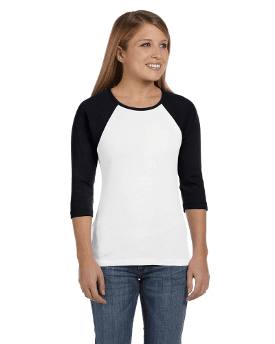 Sample of Bella B2000 - Ladies' Baby Rib 3/4-Sleeve Contrast Raglan T-Shirt in WHITE BLACK style