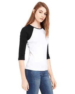 Sample of Bella B2000 - Ladies' Baby Rib 3/4-Sleeve Contrast Raglan T-Shirt in WHITE BLACK from side sleeveleft