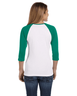 Sample of Bella B2000 - Ladies' Baby Rib 3/4-Sleeve Contrast Raglan T-Shirt in WHITE KELLY from side back