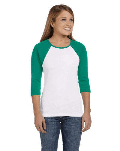 Sample of Bella B2000 - Ladies' Baby Rib 3/4-Sleeve Contrast Raglan T-Shirt in WHITE KELLY style