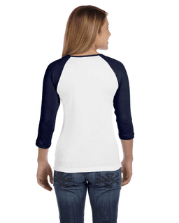 Sample of Bella B2000 - Ladies' Baby Rib 3/4-Sleeve Contrast Raglan T-Shirt in WHITE NAVY from side back