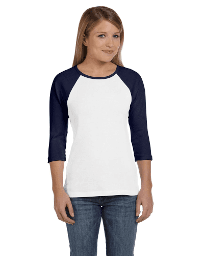 Sample of Bella B2000 - Ladies' Baby Rib 3/4-Sleeve Contrast Raglan T-Shirt in WHITE NAVY style