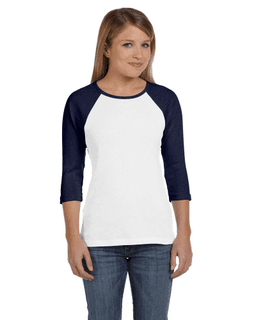 Sample of Bella B2000 - Ladies' Baby Rib 3/4-Sleeve Contrast Raglan T-Shirt in WHITE NAVY from side front