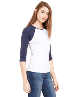 Sample of Bella B2000 - Ladies' Baby Rib 3/4-Sleeve Contrast Raglan T-Shirt in WHITE NAVY from side sleeveleft