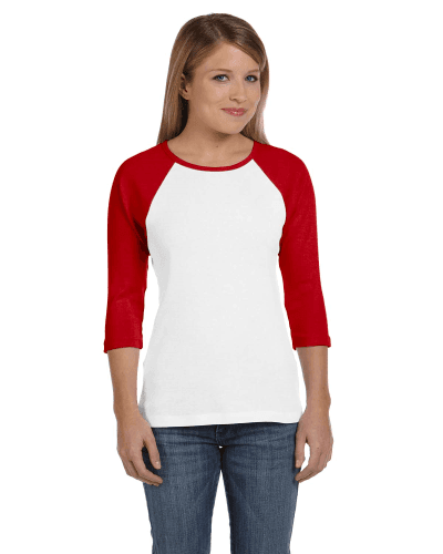 Sample of Bella B2000 - Ladies' Baby Rib 3/4-Sleeve Contrast Raglan T-Shirt in WHITE RED style