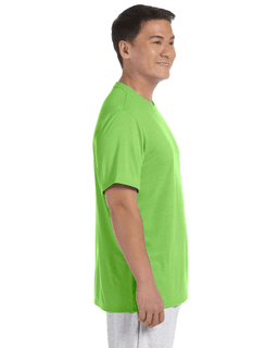 Sample of Gildan G420 - Adult Performance 100% Polyester Tee in LIME from side sleeveleft