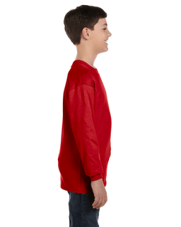 Sample of G540B - Youth 5.3 oz. Long-Sleeve T-Shirt in RED from side sleeveleft