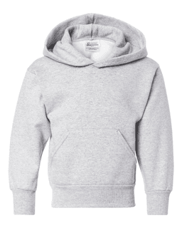 Sample of ComfortBlend EcoSmart Youth Hooded Sweatshirt in Ash from side front