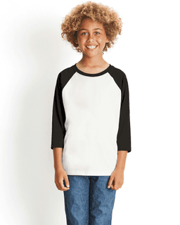 Sample of Next Level 3352 - Youth CVC 3/4-Sleeve Raglan in BLACK WHITE from side back