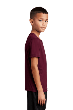 Sample of Sport-Tek Youth Posi-UV Pro Tee in Cardinal from side sleeveleft