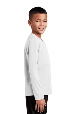 Sample of Sport-Tek Youth Posi-UV Pro Long Sleeve Tee in White from side sleeveleft