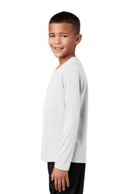 Sample of Sport-Tek Youth Posi-UV Pro Long Sleeve Tee in White from side sleeveright