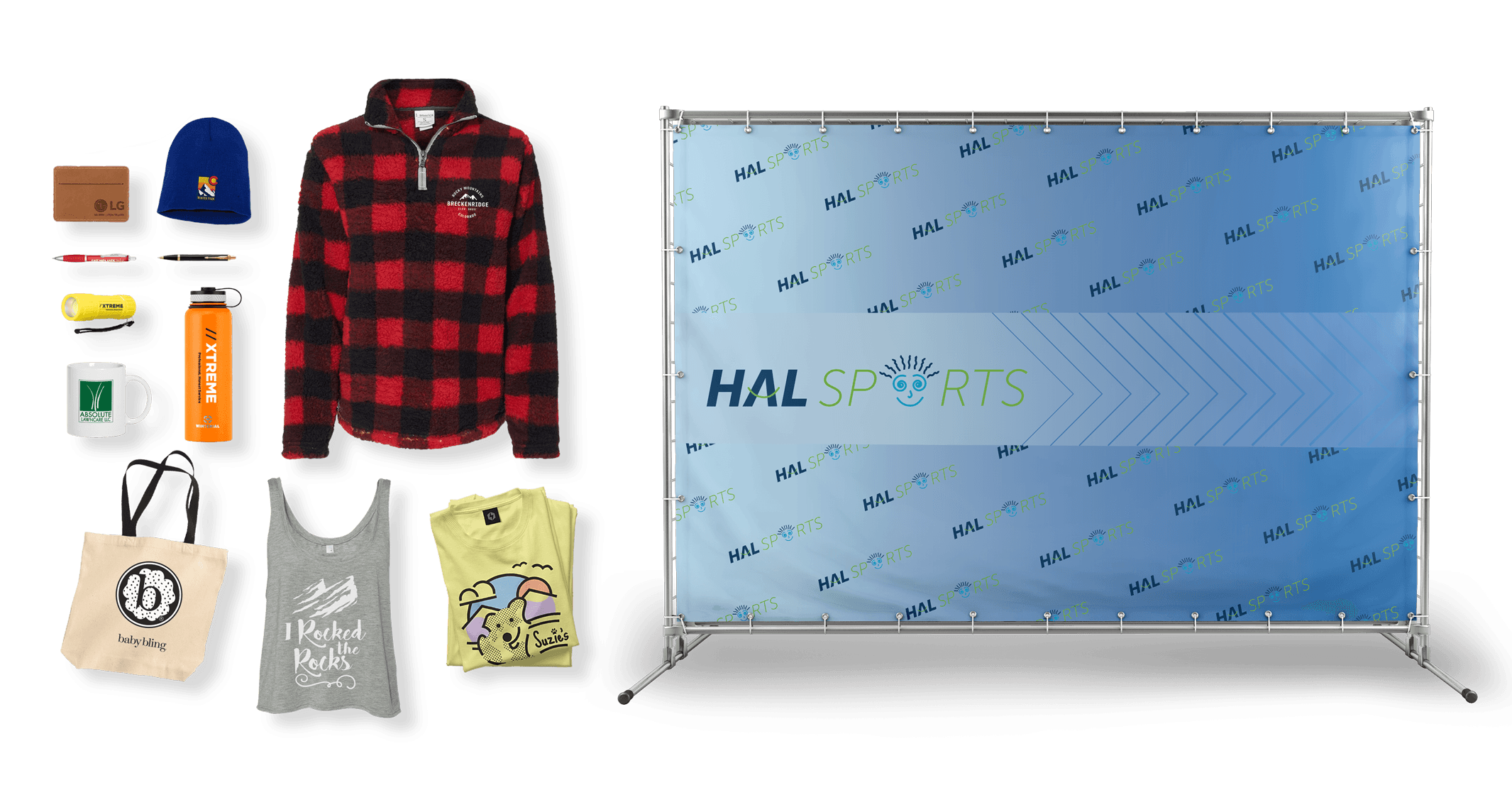 A collection of custom printed apparel