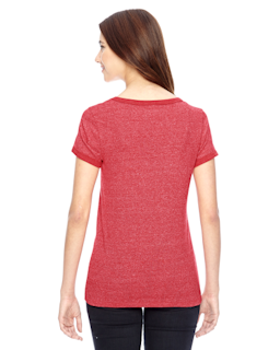 Sample of Alternative 01913E Ladies' Ideal Eco Mock Twist Ringer T-Shirt in EC MCK ENG RED from side back