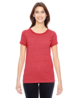 Sample of Alternative 01913E Ladies' Ideal Eco Mock Twist Ringer T-Shirt in EC MCK ENG RED from side front