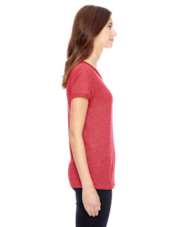 Sample of Alternative 01913E Ladies' Ideal Eco Mock Twist Ringer T-Shirt in EC MCK ENG RED from side sleeveleft