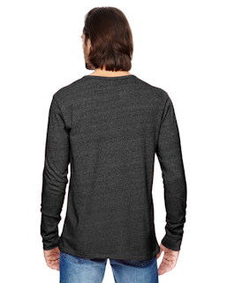 Sample of Alternative 01947E Men's Eco Mock Twist Long-Sleeve Henley Shirt in ECO BLACK from side back