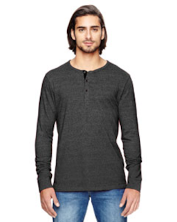 Sample of Alternative 01947E Men's Eco Mock Twist Long-Sleeve Henley Shirt in ECO BLACK from side front