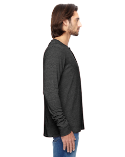 Sample of Alternative 01947E Men's Eco Mock Twist Long-Sleeve Henley Shirt in ECO BLACK from side sleeveleft