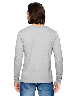 Sample of Alternative 01947E Men's Eco Mock Twist Long-Sleeve Henley Shirt in ECO MCK NICKEL from side back