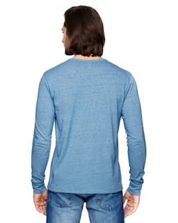 Sample of Alternative 01947E Men's Eco Mock Twist Long-Sleeve Henley Shirt in ECO MCK STORM from side back