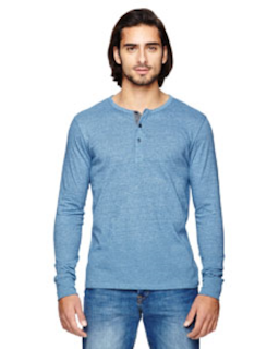 Sample of Alternative 01947E Men's Eco Mock Twist Long-Sleeve Henley Shirt in ECO MCK STORM from side front