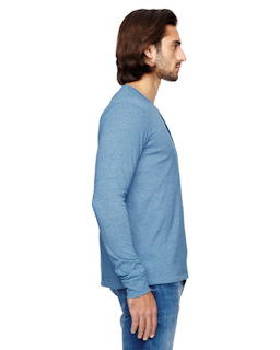 Sample of Alternative 01947E Men's Eco Mock Twist Long-Sleeve Henley Shirt in ECO MCK STORM from side sleeveleft