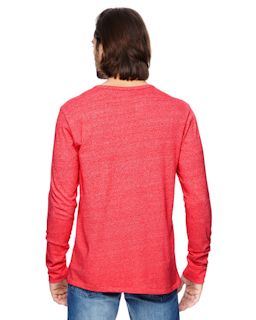 Sample of Alternative 01947E Men's Eco Mock Twist Long-Sleeve Henley Shirt in EC MCK ENG RED from side back
