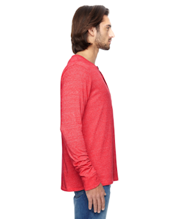 Sample of Alternative 01947E Men's Eco Mock Twist Long-Sleeve Henley Shirt in EC MCK ENG RED from side sleeveleft