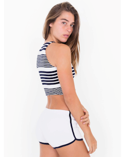Sample of American Apparel 7301W Ladies' Interlock Running Shorts in WHITE NAVY from side front