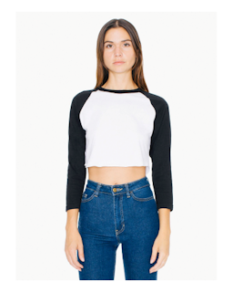 Sample of American Apparel ABB354W Ladies' Poly-Cotton 3/4-Sleeve Cropped T-Shirt in WHITE BLACK from side front