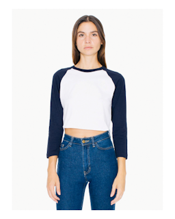 Sample of American Apparel ABB354W Ladies' Poly-Cotton 3/4-Sleeve Cropped T-Shirt in WHITE NAVY from side front
