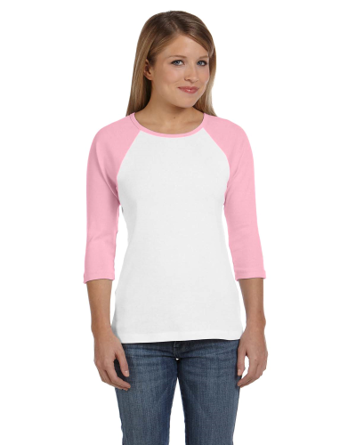 Sample of Bella B2000 - Ladies' Baby Rib 3/4-Sleeve Contrast Raglan T-Shirt in WHITE PINK style