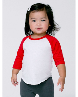 Sample of American Apparel BB053W Infant Poly-Cotton 3/4-Sleeve T-Shirt in WHITE RED from side front